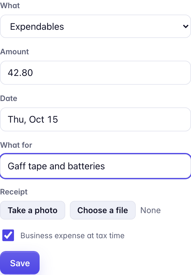Add expense, General: What, Expendables; Amount 42 dollars 80; Date; What for, Gaff tape and batteries; Receipt; Business expense at tax time; Save.