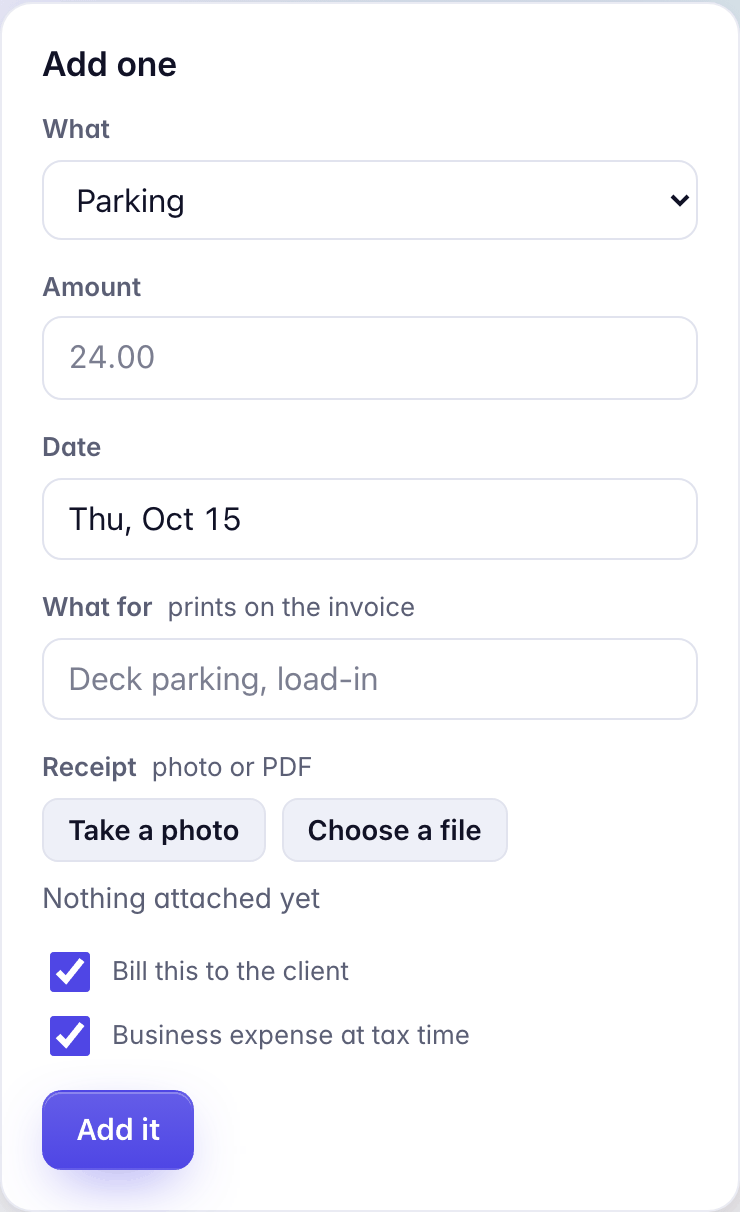 A job's Expenses, Add one: What, Miles, Days, A mile, Amount, Date, What for, the receipt with Take a photo and Choose a file, Bill this to the client, Business expense at tax time, and Add it.