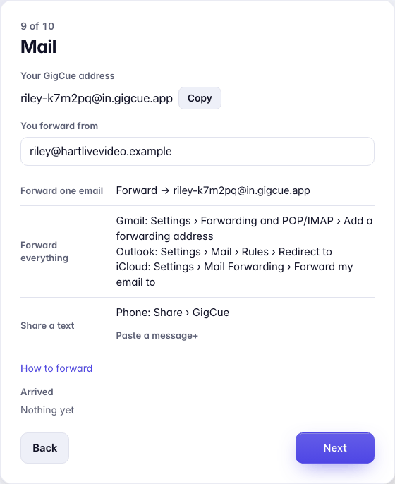The welcome's Mail screen: Your GigCue address with Copy, You forward from, and the three ways in: Forward one email, Forward everything with the Gmail, Outlook and iCloud steps, and Share a text.