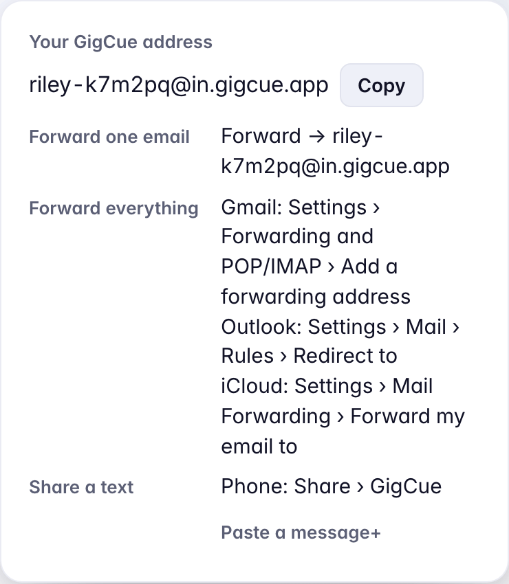 The address card in Requests: Your GigCue address with Copy, the three ways in, and Paste a message with Add.