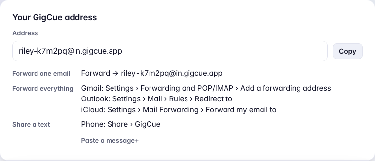 Settings, Mail and texts: Your GigCue address with Copy, and the three ways in.