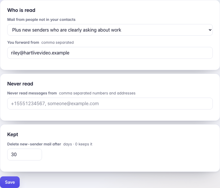 Settings, Privacy: Who is read with the three choices and You forward from, Never read, and Kept with Delete new-sender mail after 30 days.