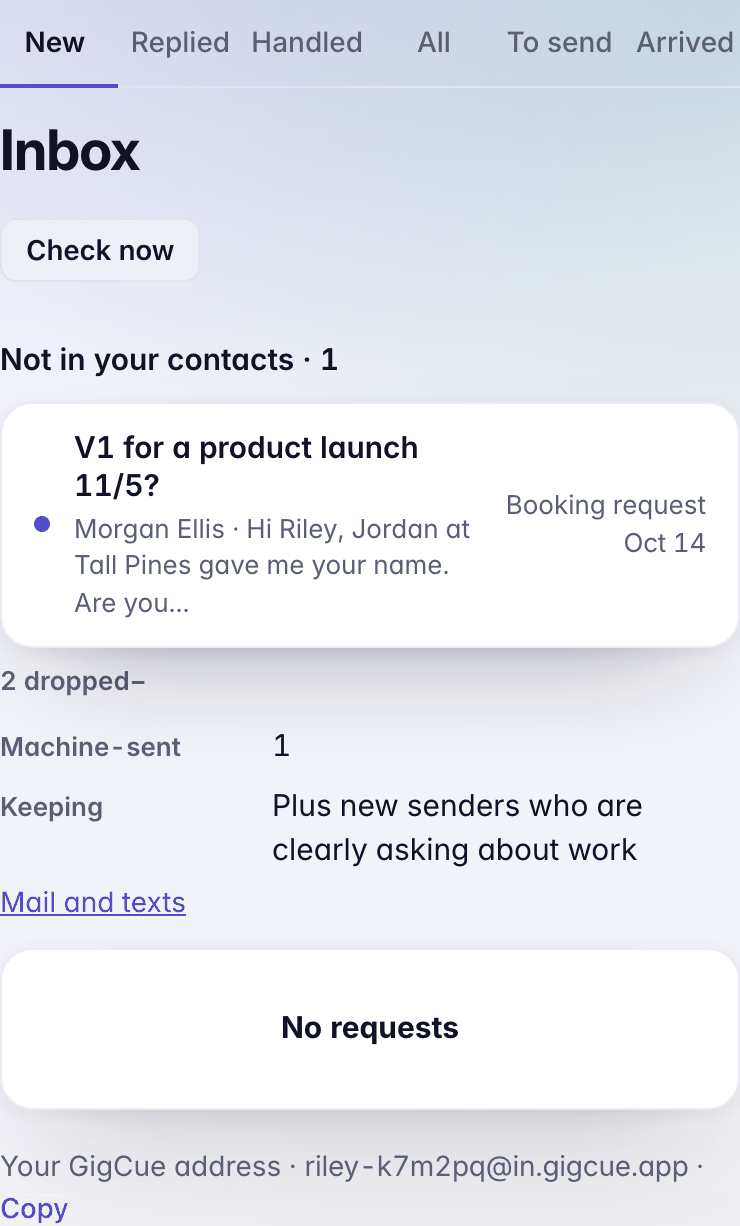 Inbox, New: two messages under Not in your contacts, each a booking request; 2 dropped, opened to Machine-sent 1 and Keeping; then a request from a contact with Hold and reply.