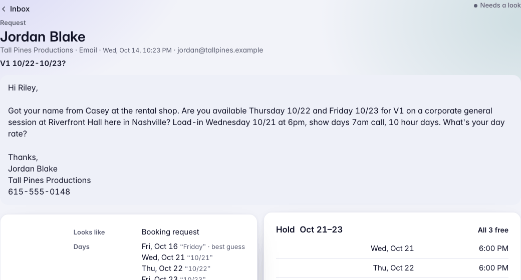 A request forwarded by hand and read as the message inside it: Jordan Blake of Tall Pines Productions asking for V1 on three days.
