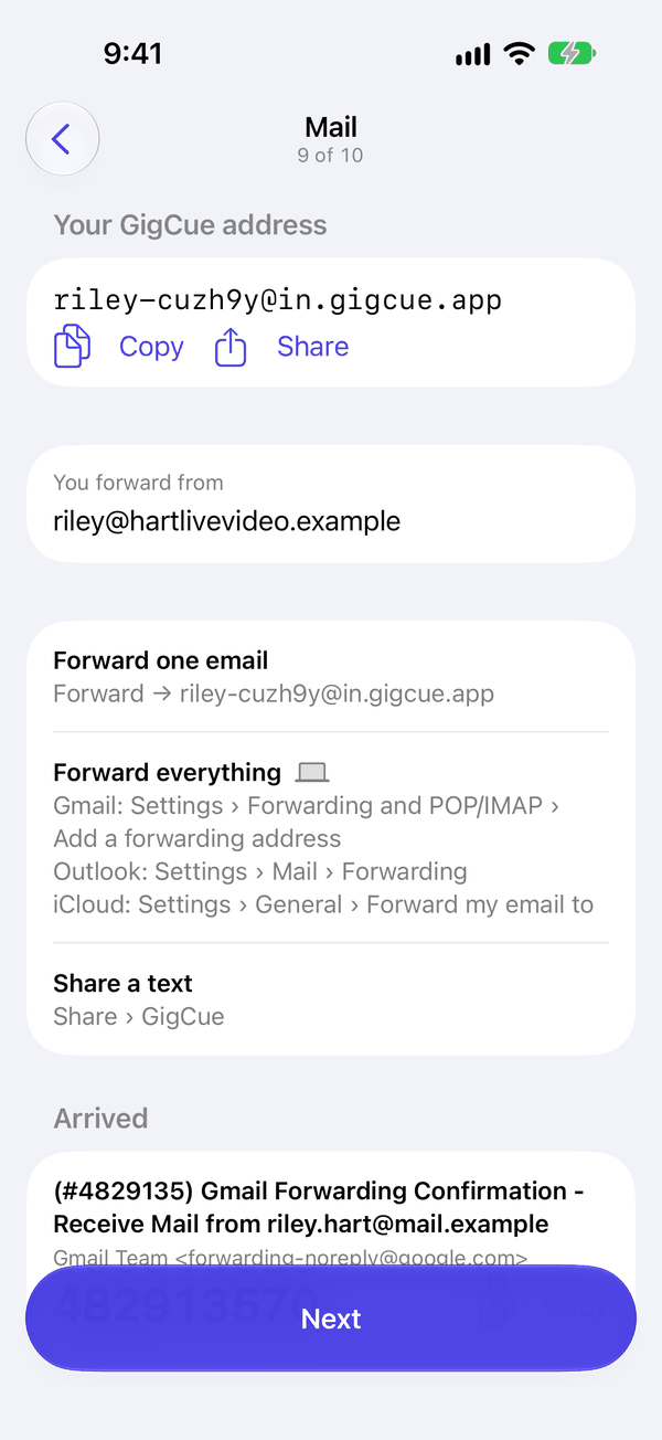 The phone's Mail screen with Gmail's confirmation code under Arrived, and Copy.