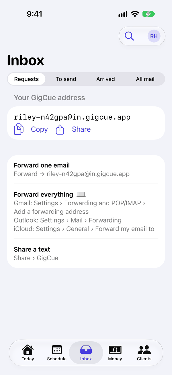 The phone's empty Inbox, showing the GigCue address.