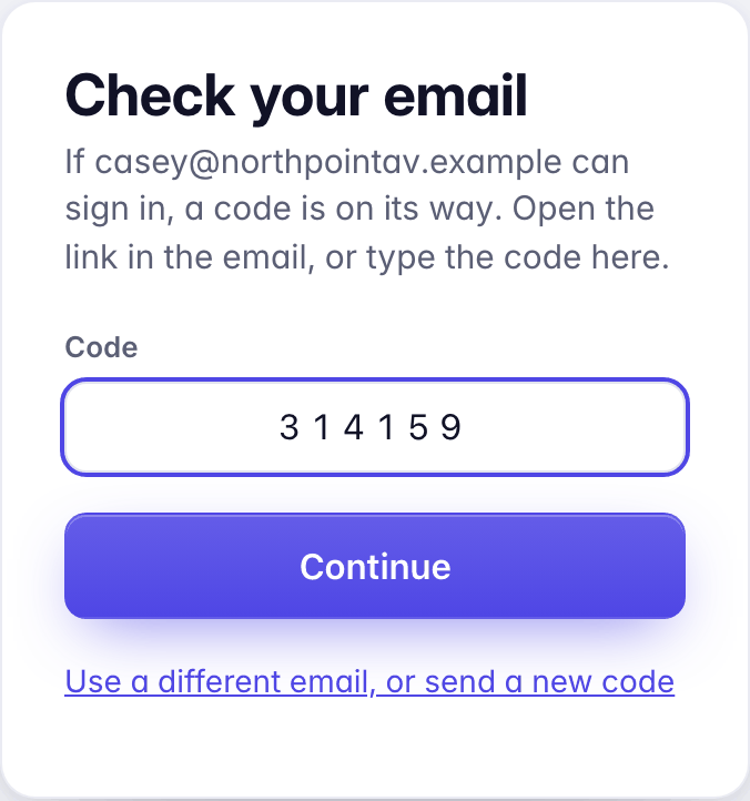 Check your email: a Code field and the Continue button.
