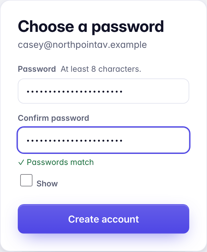 Choose a password: Password and Confirm password, Passwords match, Show and Create account.