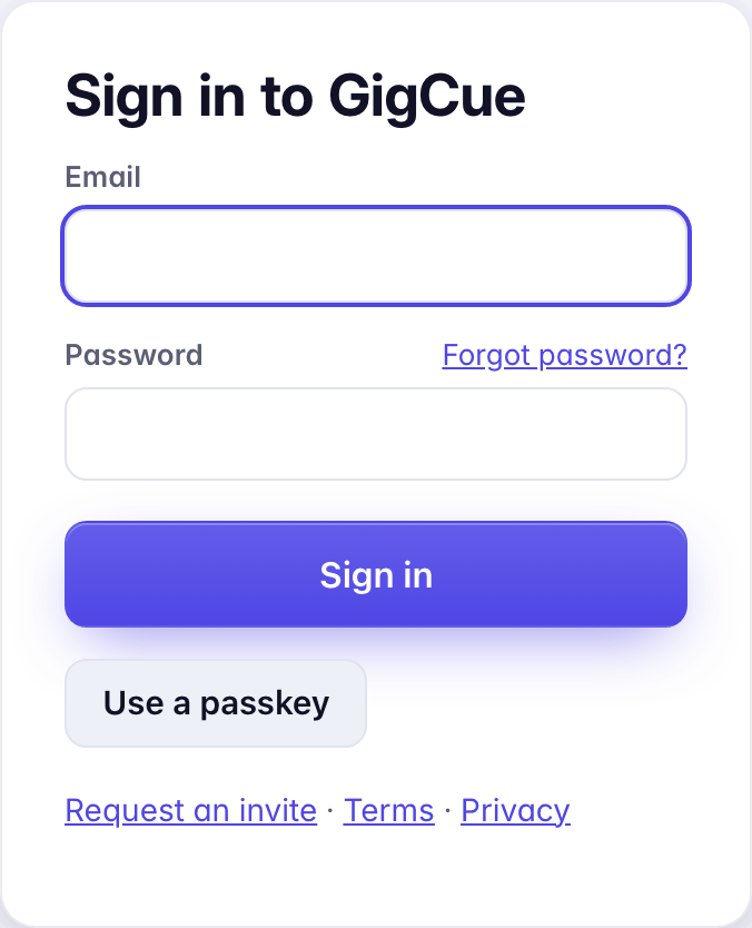 Sign in to GigCue: Email, Password, Forgot password?, Sign in and Use a passkey.