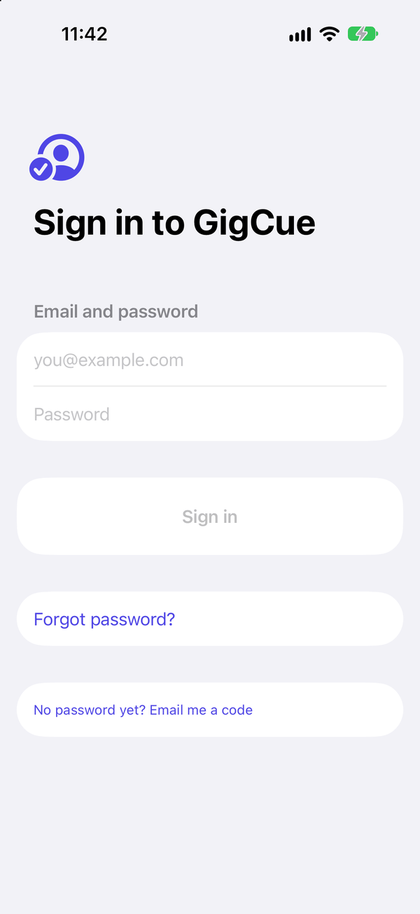Sign in to GigCue on iPhone: Email and password, Sign in, Forgot password?