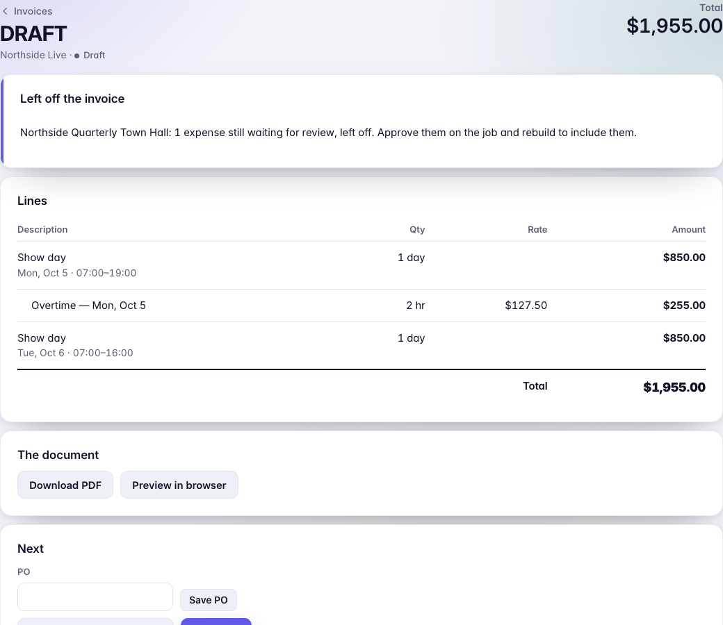 A draft invoice for Northside Live, 1,955 dollars: two show days and 2 hours of overtime, a note that one expense waiting for review was left off, and the PO, Re-price and Finalize controls.
