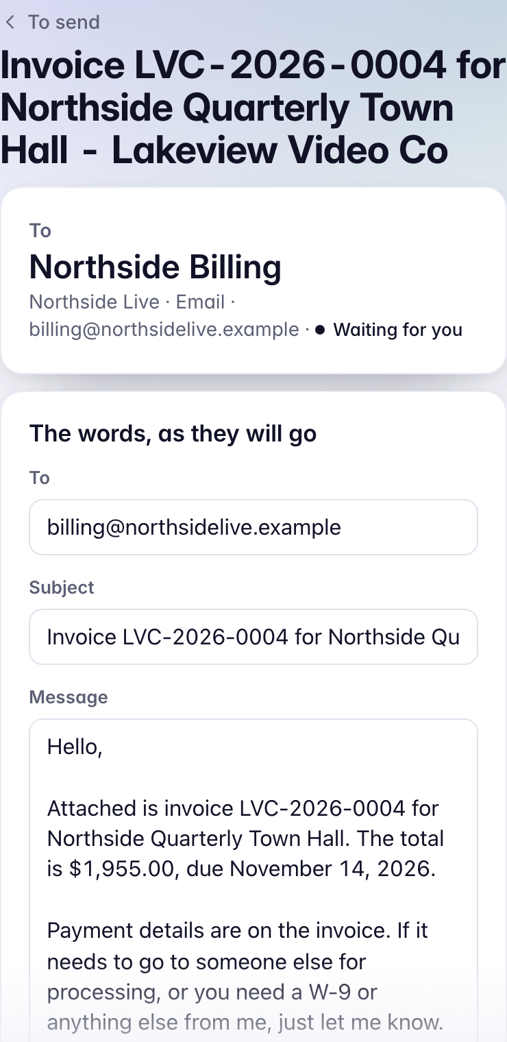 To send: the email for invoice LVC-2026-0004 to Northside Billing, waiting for you, with the message, Approve and send, and the PDF attached.