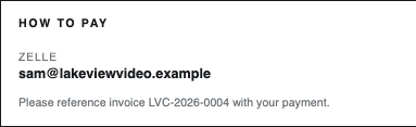 The How to pay box on an invoice: Zelle, sam@lakeviewvideo.example.