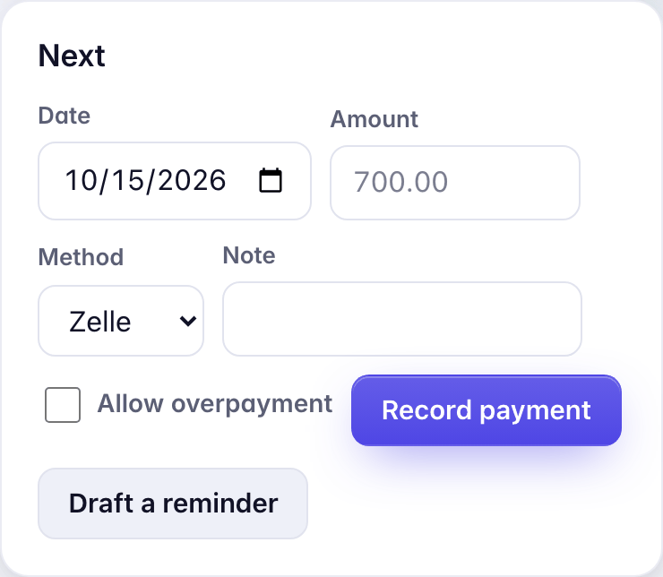 Next, on a part-paid invoice: Date, Amount 700 dollars, Method, Note, Allow overpayment, Record payment, and Draft a reminder.