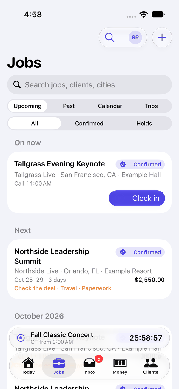 Jobs, Upcoming: what's on now, what's next, and the months ahead with each job's booked value.