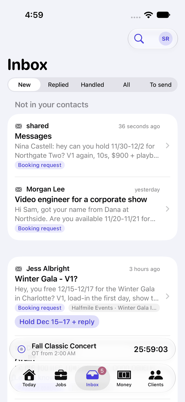 Inbox, New: requests with their days and whether they're free.