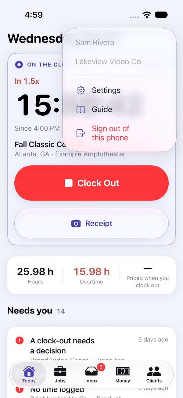 The account menu: the name and business, Settings, the Guide, and Sign out of this phone.