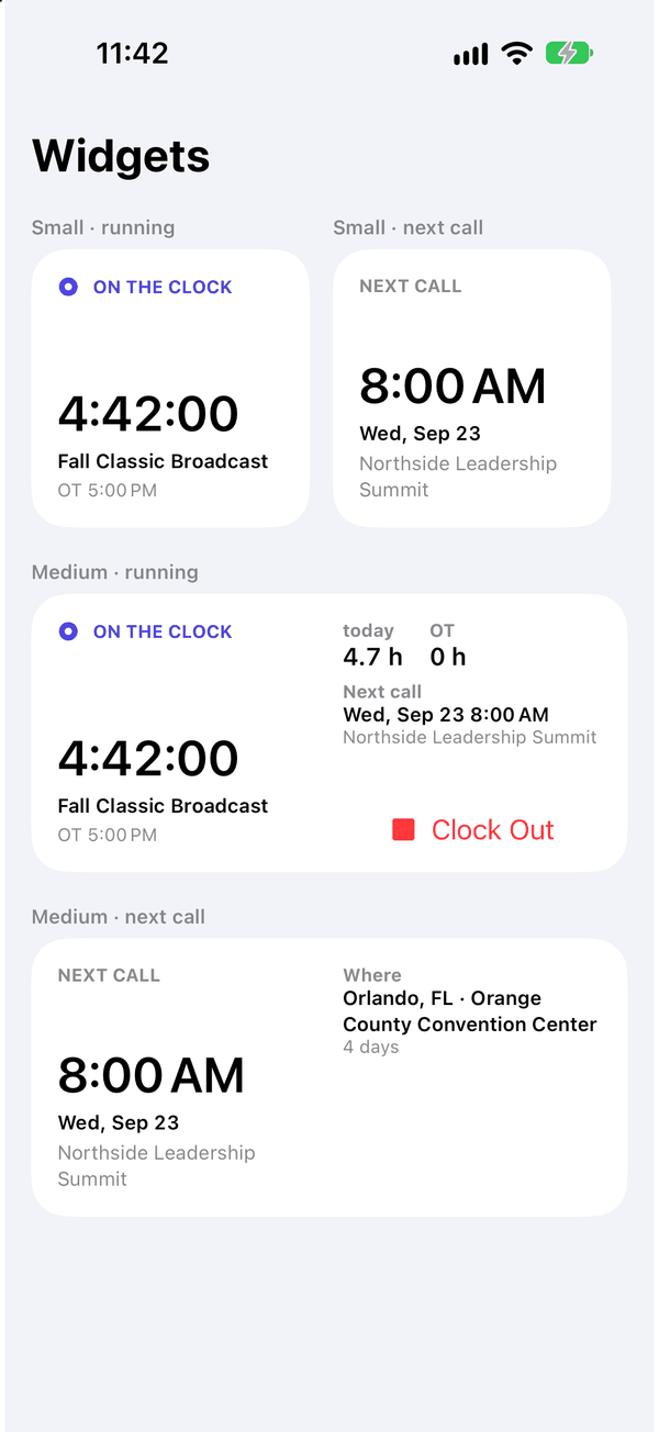 The widgets: the next call, and today's hours and overtime.