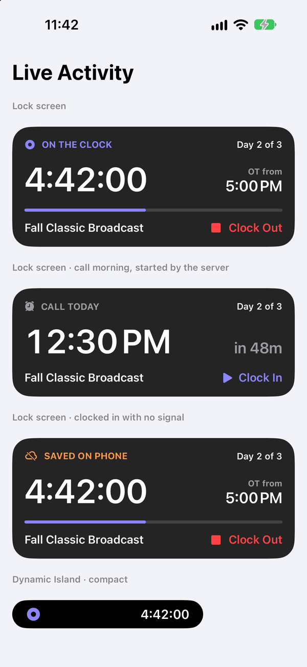 The Live Activity on the lock screen: the running clock and when overtime starts, with Clock Out.