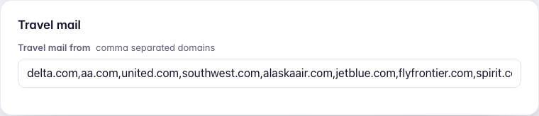 Settings, Mail and texts, Travel mail: Travel mail from, a comma-separated list of airline domains, and Save.