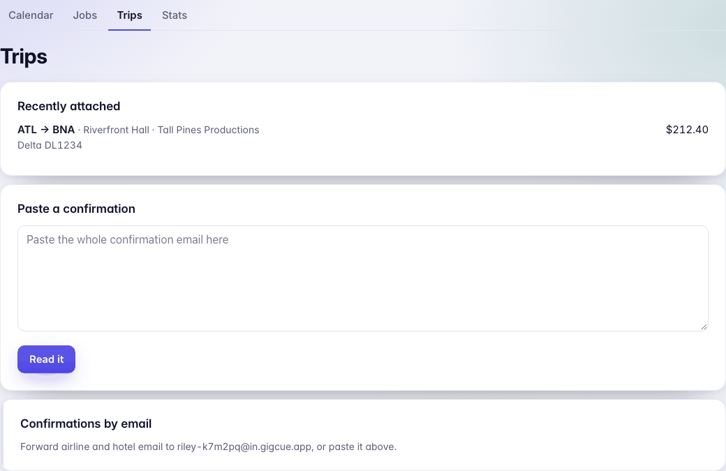 Trips: Recently attached, ATL to BNA on Riverfront Hall, Tall Pines Productions, Delta DL1234, $212.40; then Paste a confirmation, and Confirmations by email.