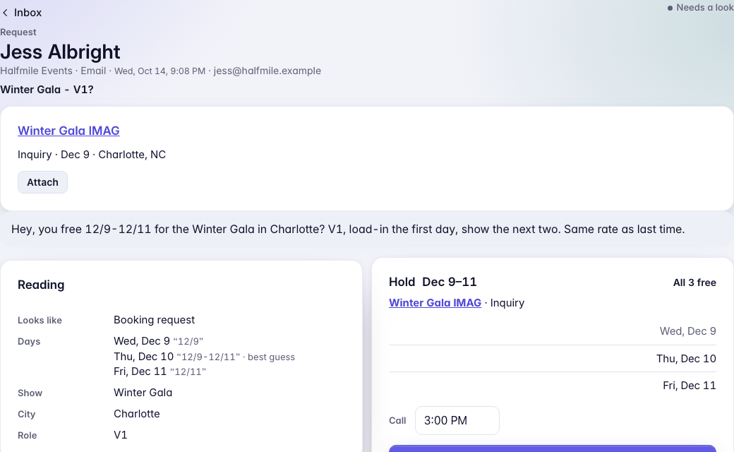 Jess Albright's request: the Winter Gala IMAG job it found, with Attach; her message; and Hold Dec 9 to 11, all 3 free, with the call, Hold and reply, and Hold only.