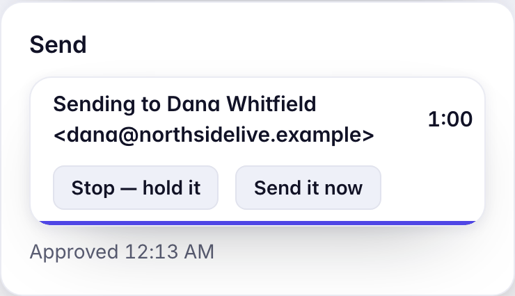 Send: Sending to Dana Whitfield, 1:00 left, with Stop, hold it, and Send it now.