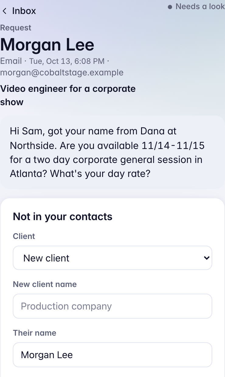 Morgan Lee's request, with Not in your contacts: Client, New client name, Their name, What they do, and Add as client.