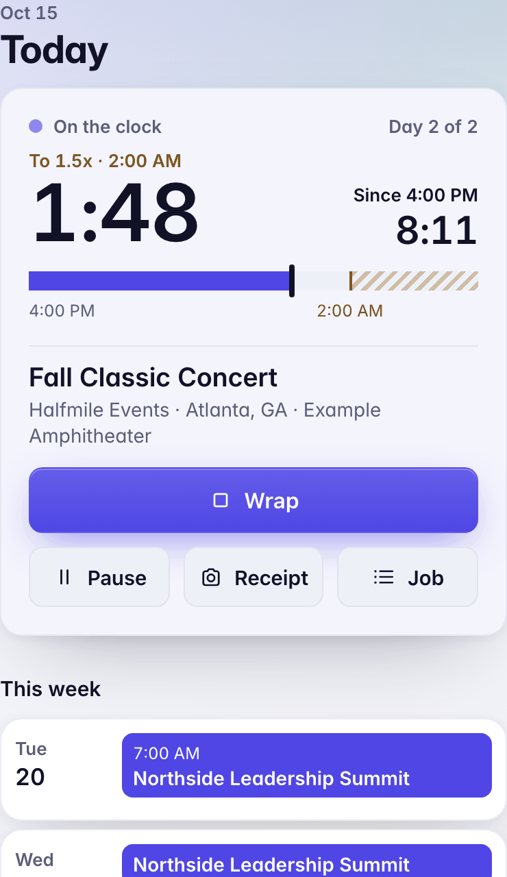 Today with the clock running: On the clock, day 2 of 2; the time left to 1.5x at 2:00 AM and the time worked since 4:00 PM; Fall Classic Concert; Wrap, Pause, Receipt and Job; then This week.