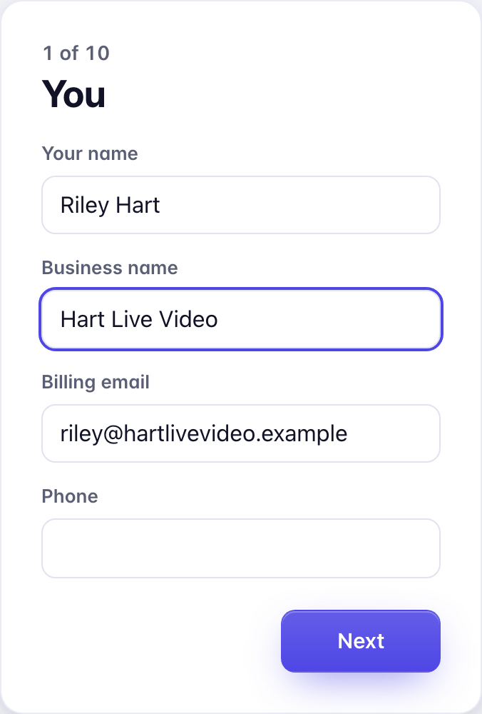 Screen 1 of 10, You: Your name, Business name, Billing email and Phone.