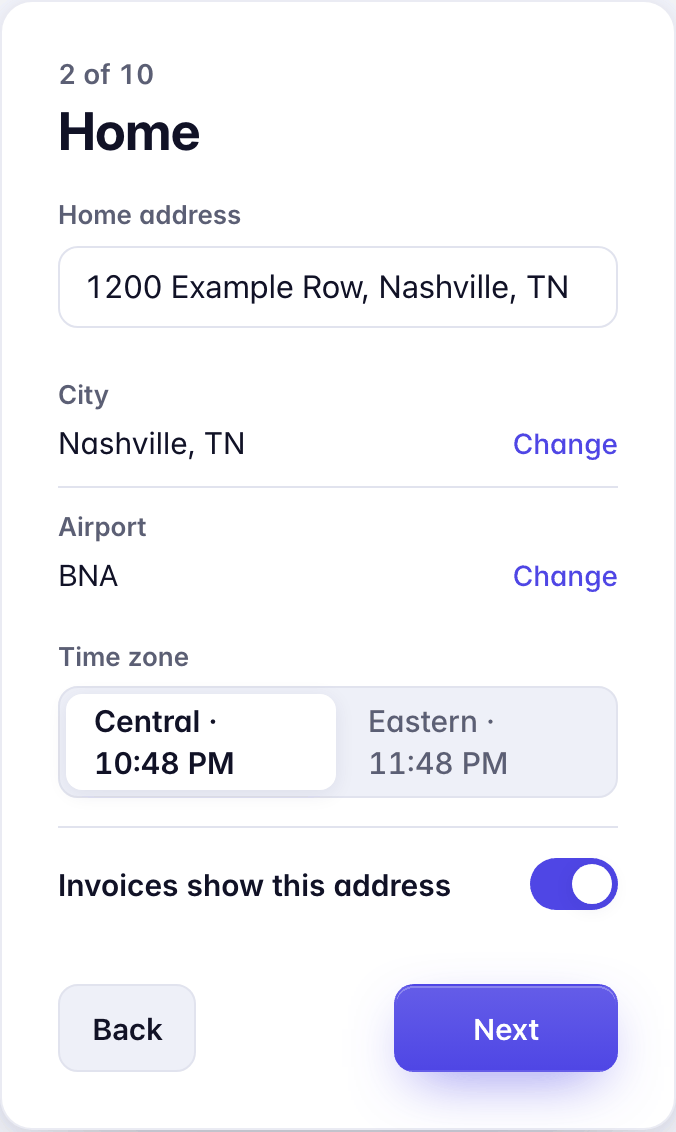 Screen 2 of 10, Home: the address, then City Nashville, TN and Airport BNA with Change, two time zones to pick from, and Invoices show this address.