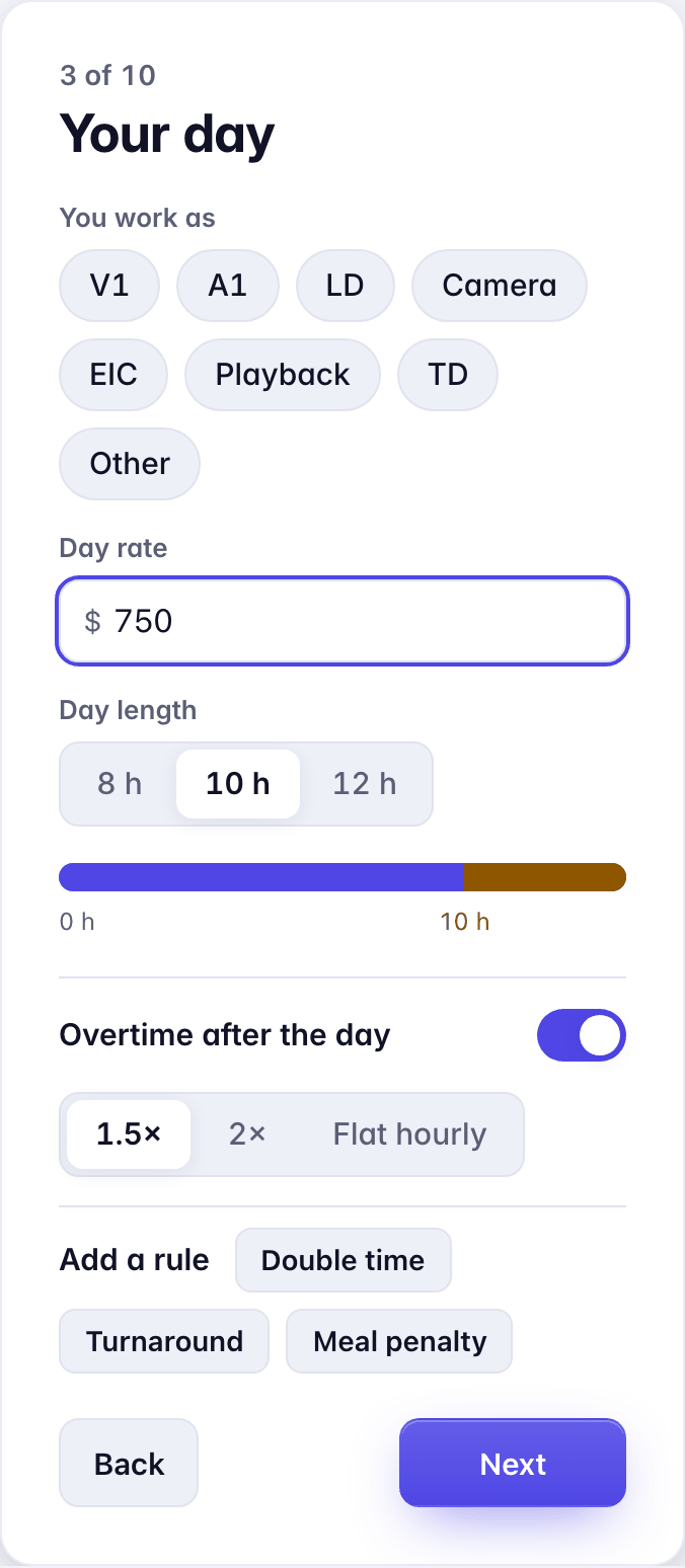 Screen 3 of 10, Your day: role chips, Day rate 750 dollars, Day length 10 hours, Overtime after the day at 1.5 times, and Add a rule.