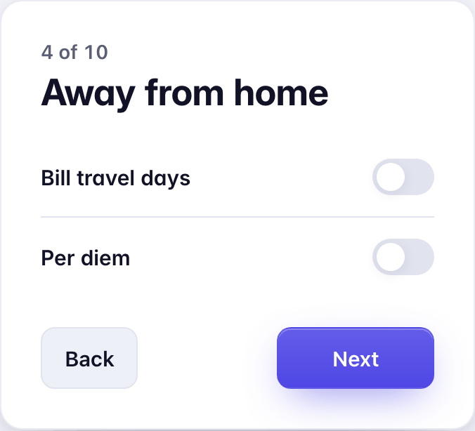 Screen 4 of 10, Away from home: Bill travel days and Per diem.