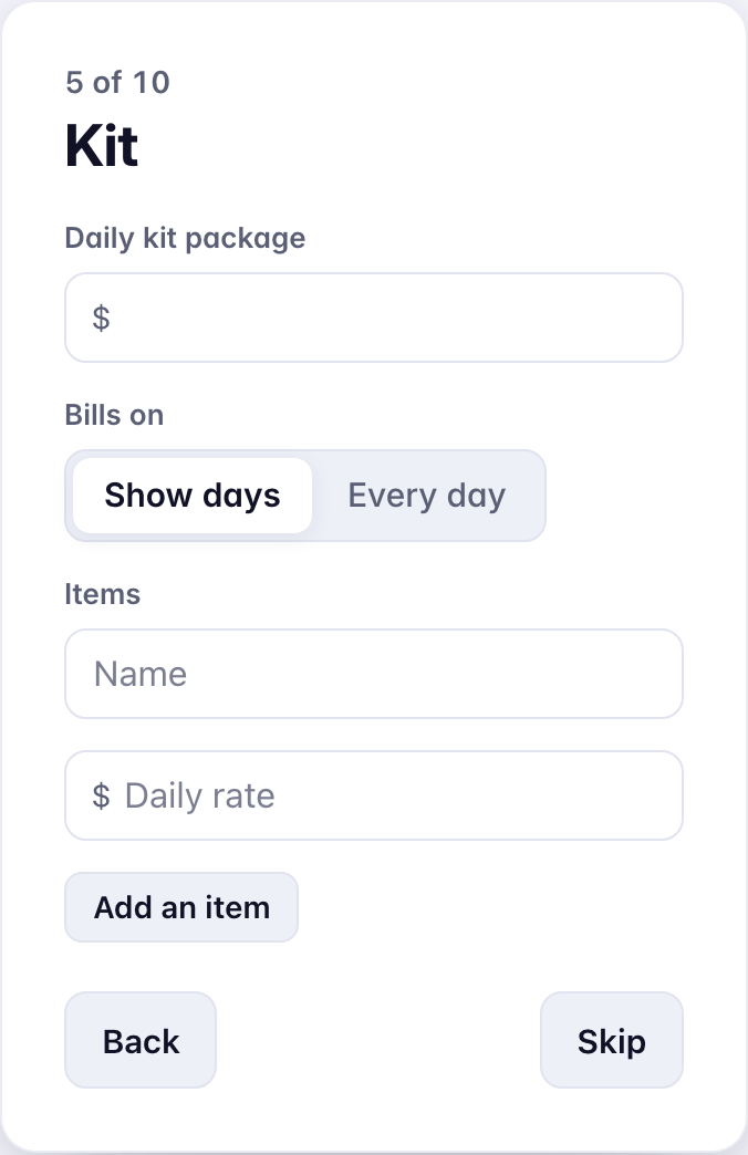 Screen 5 of 10, Kit: Daily kit package, Bills on, three item rows, Add an item, and Skip.