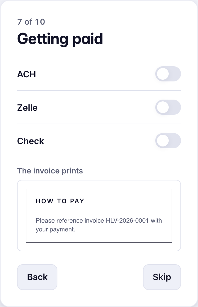 Screen 7 of 10, Getting paid: ACH, Zelle and Check switches, and the How to pay box as the invoice prints it.