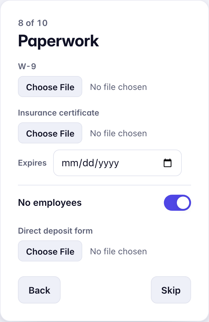Screen 8 of 10, Paperwork: W-9, Insurance certificate and its expiry date, No employees, Direct deposit form, and Skip.