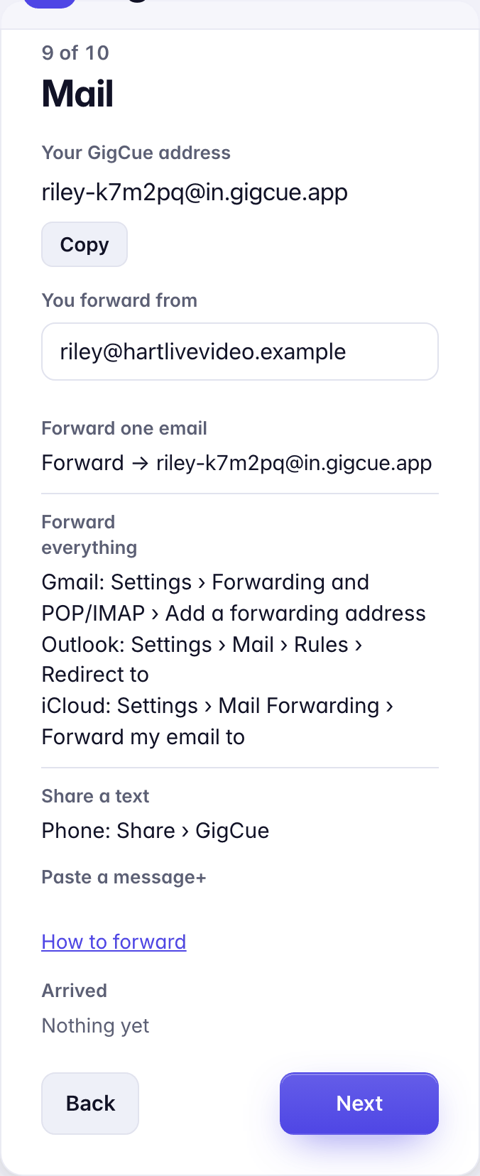 Screen 9 of 10, Mail: the GigCue address with Copy, You forward from, the three ways to forward, How to forward, and Arrived.