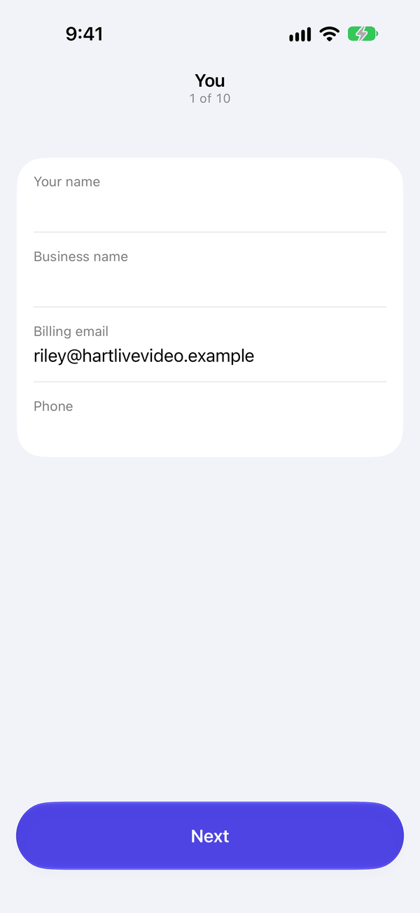 Screen 1 of 10 on the phone: Your name, Business name, Billing email and Phone.