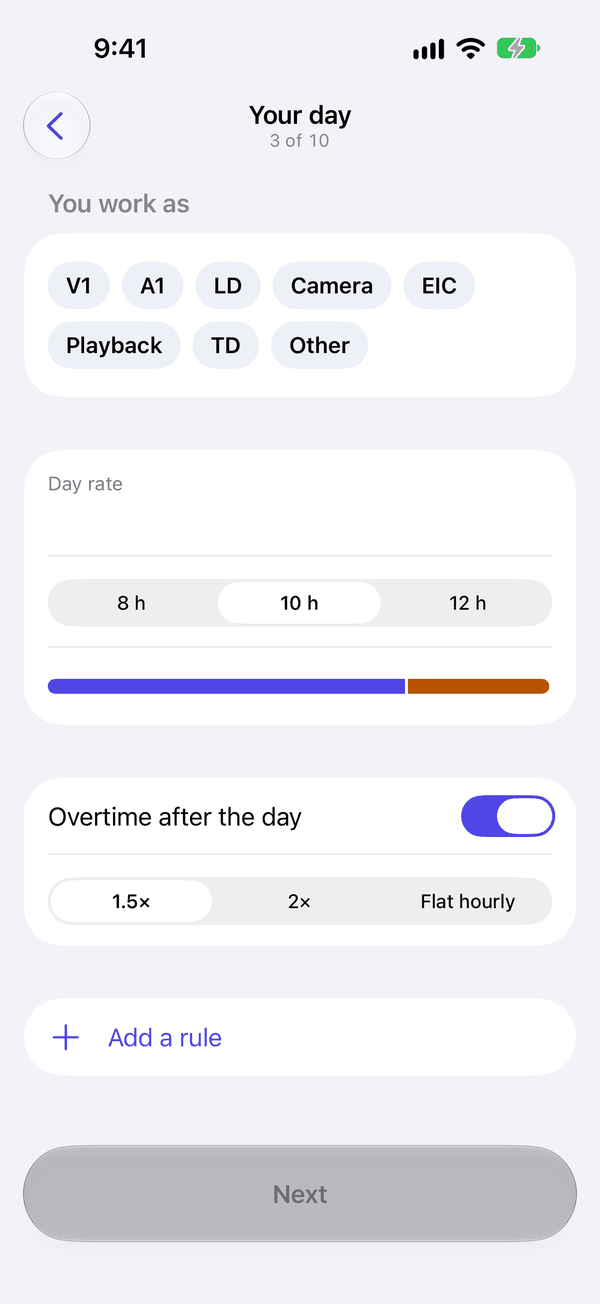 Screen 3 of 10 on the phone: roles, day rate, day length and overtime.